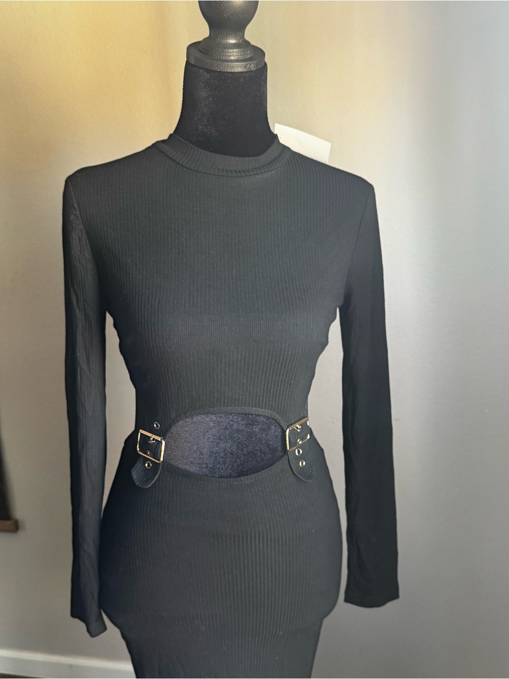 privy Black Ribbed Long-Sleeve Midi Dress with Buckle Waist Panel
